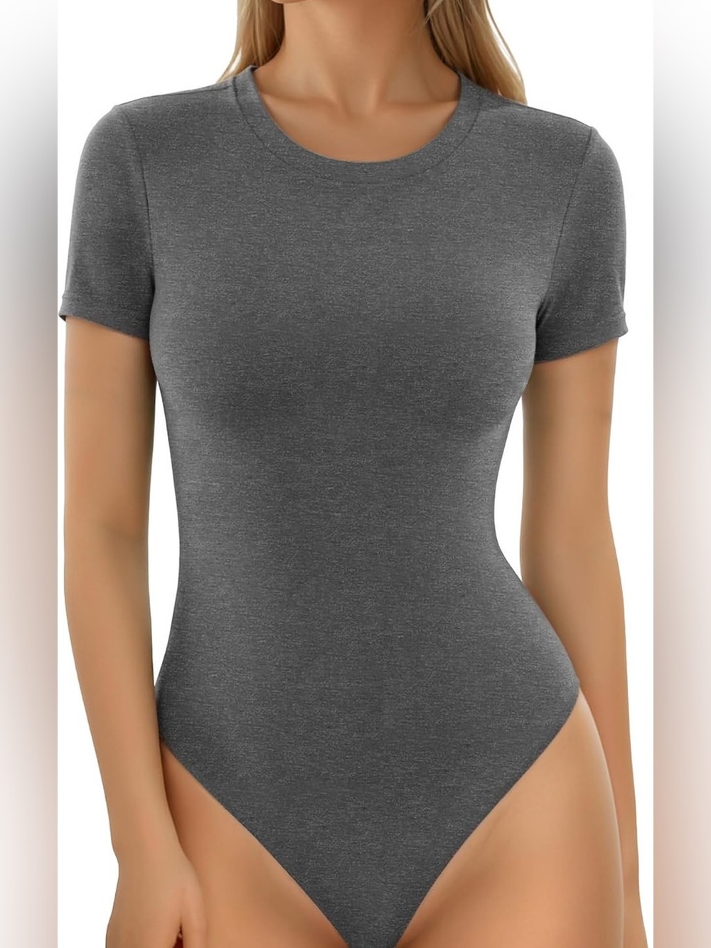 Women’s Gray Short Sleeve Bodysuit Size Large Stretchy Fitted Snap Closure